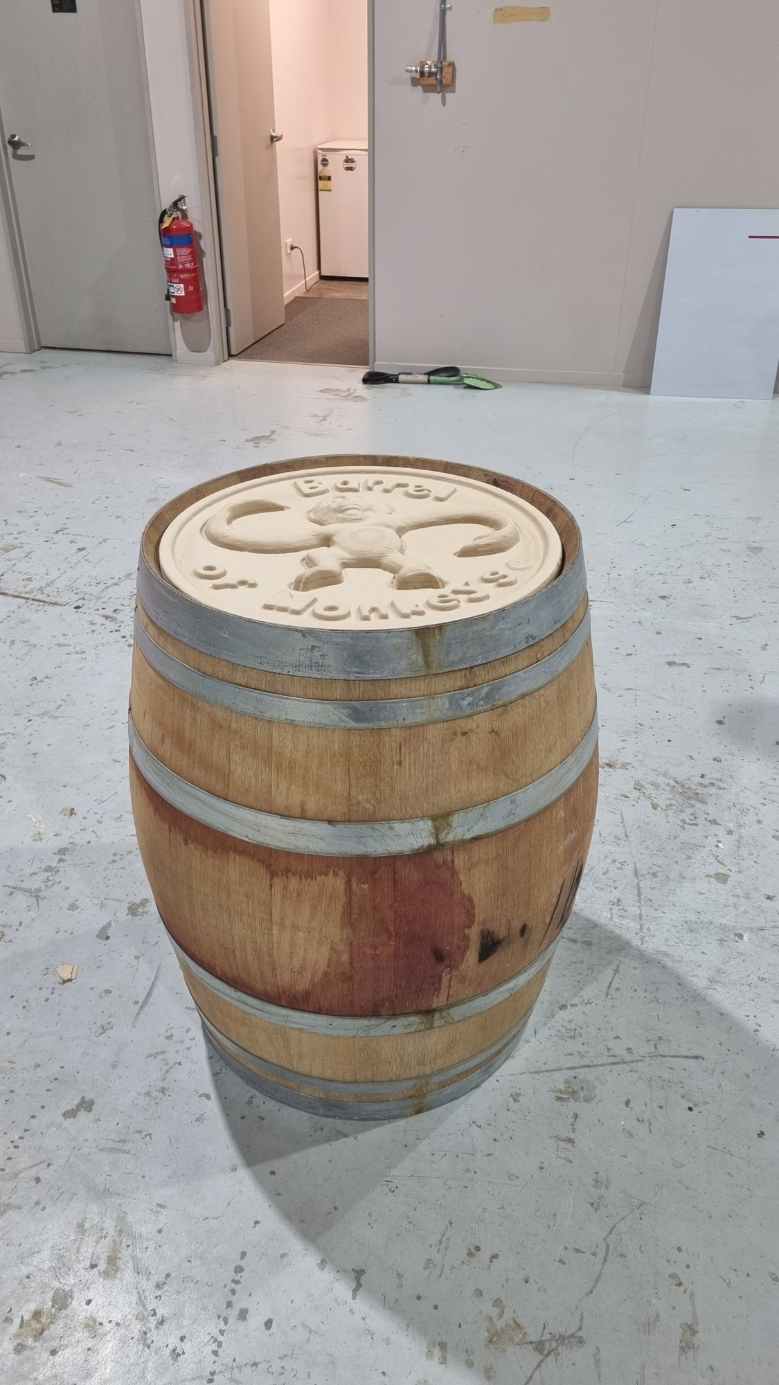 Barrel of Monkeys carved barrel lid