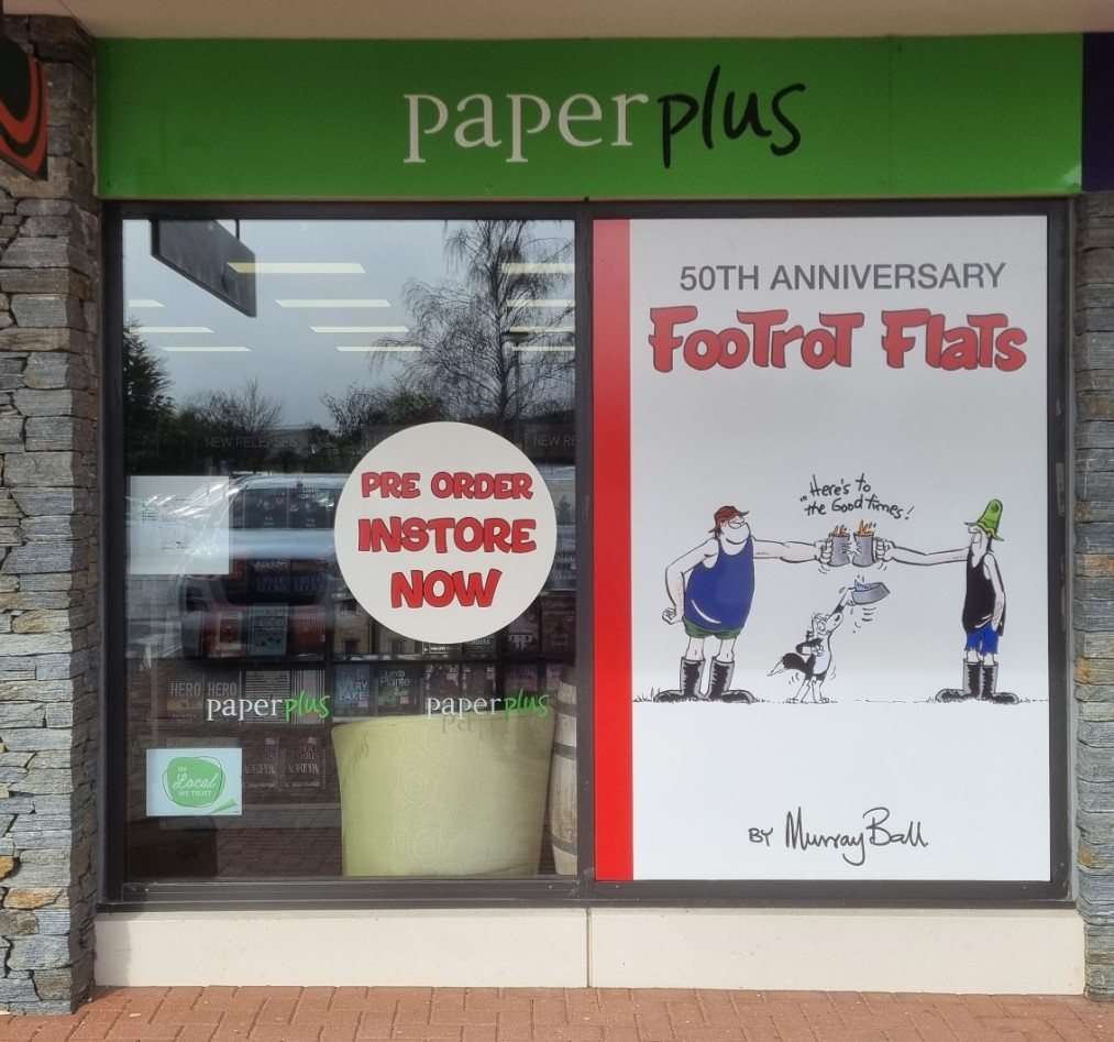 Paper Plus Footrot Flats window graphics